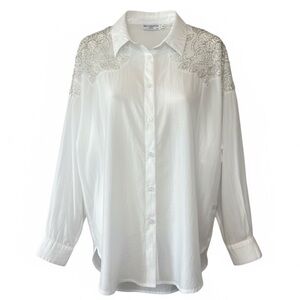 J&H Fashion White Embroidered Button-Up Shirt with Beaded Shoulder Detail